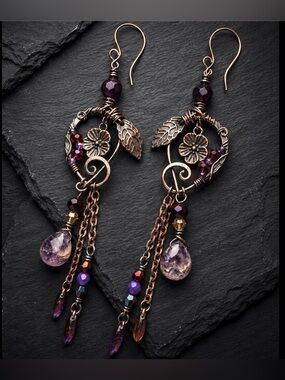 FINAL PRICE Amethyst Crystal Drop Earrings | Artisan | Boho Vibe | Copper Fringe